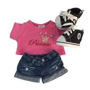 Build A Bear Clothes Pink Princess Shirt Distressed Denim Shorts Black Sneakers